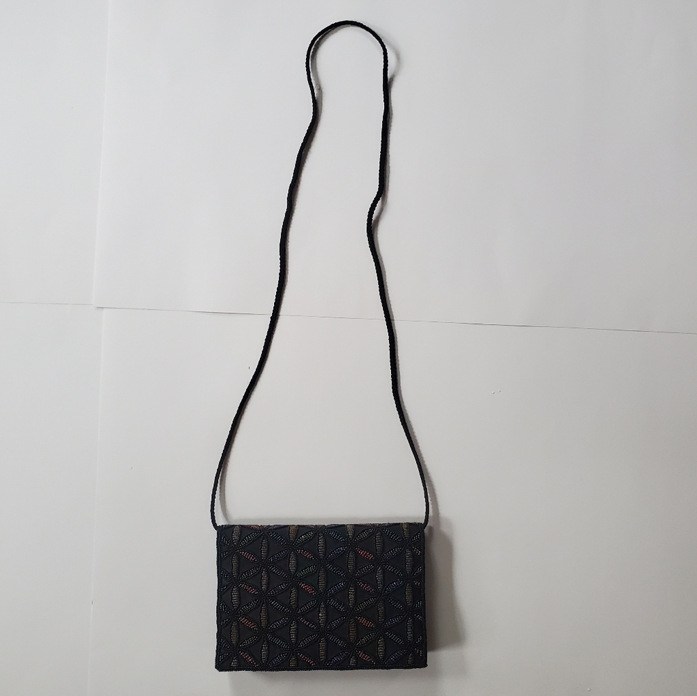 Beaded Geometric Pattern Dressy Purse Evening Bag Black and Jewel Tones. - Picture 7 of 10